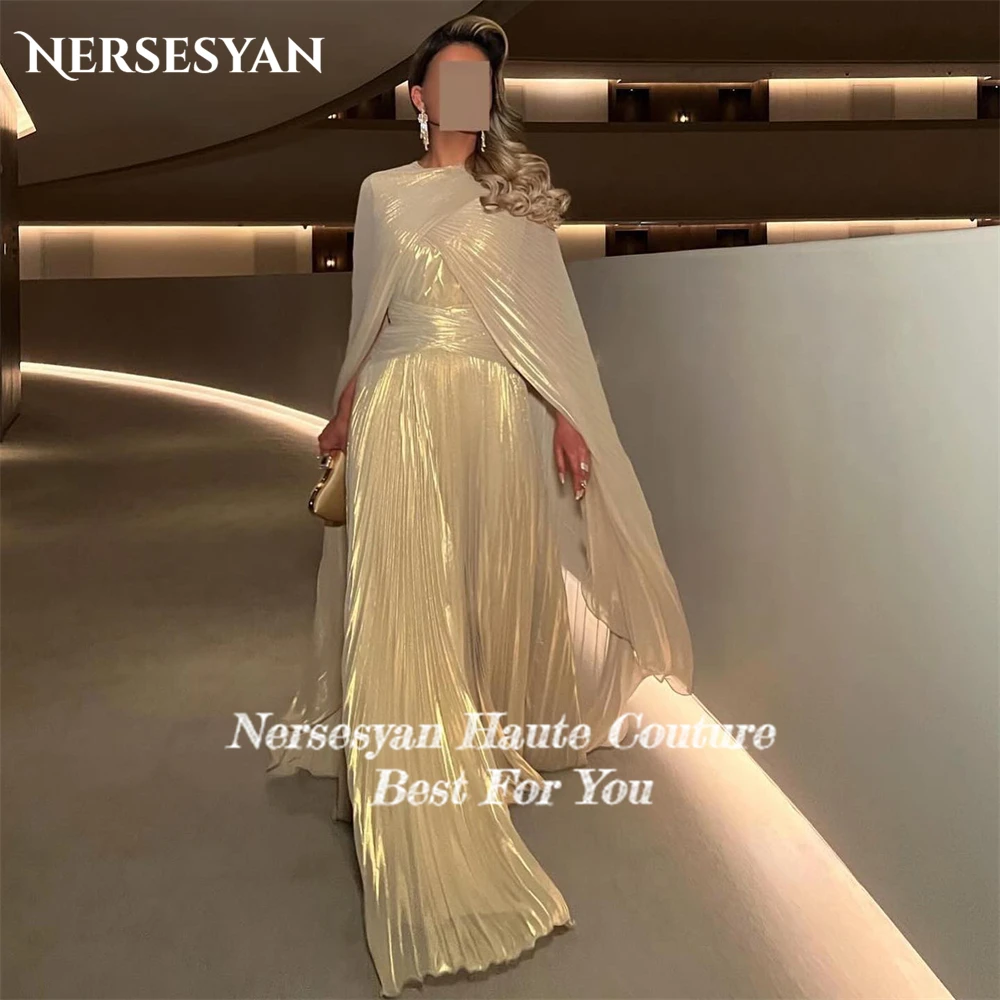 Nersesyan Elegant Pleats Fomal Evening Dresses Cape Sleeves A-Line O-Neck Prom Dress Saudi Arabia Pageant Celebrity Party Gowns