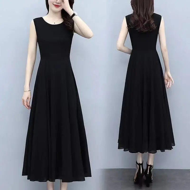 Zomer Nieuwe Mouwloze Zwarte Plus Size Dames Jurken Effen Kleur O-hals Eenvoud Casual Jurken Vintage Mode Vrouwen Kleding