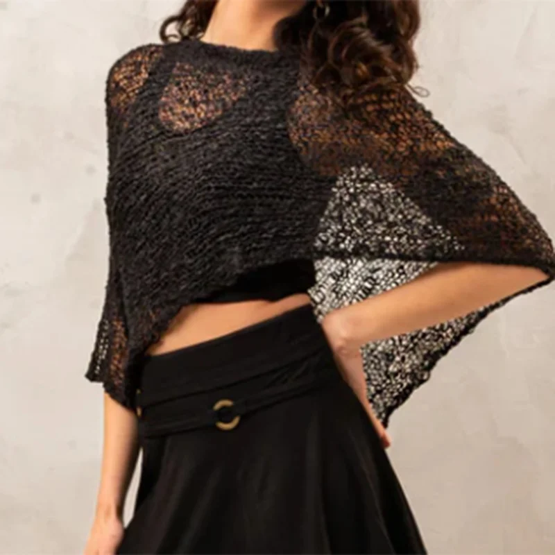 Women Y2k Sequin Poncho Top Knit Crochet Shrug Shawl Bolero Hollow Out Tassels Cover Ups Pullover
