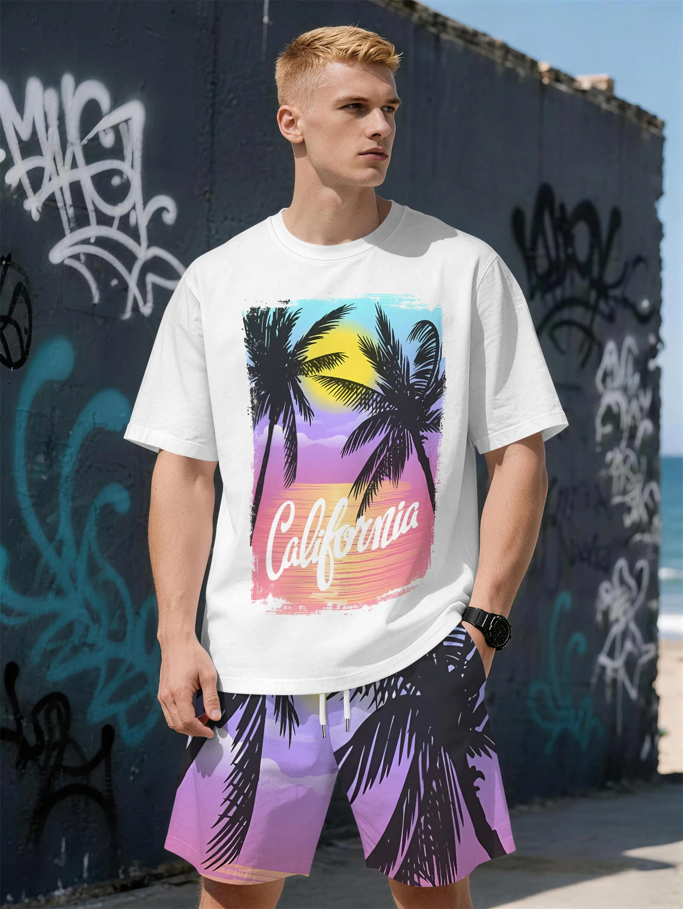 

2026 Summer New Men's Short-Sleeved Set - 3D Beach Style Letter Print - Fashionable Comfortable Lightweight and Soft