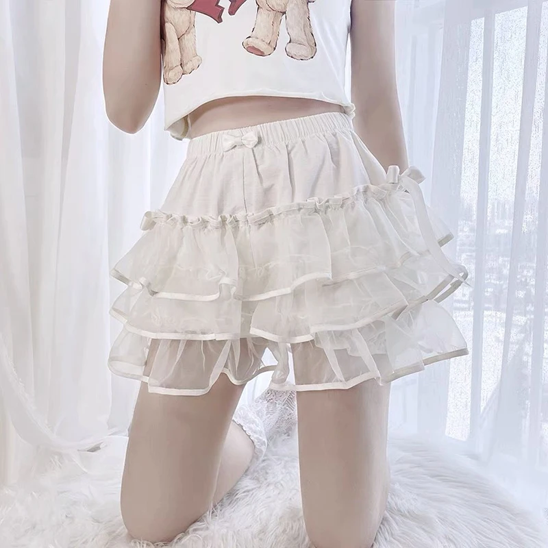 

Zoki White Sweet Ruffle Shorts Women Cute Lolita Bow Lace Stitching Tulle Shorts Summer Black Y2K Elegant High Waist Bloomers