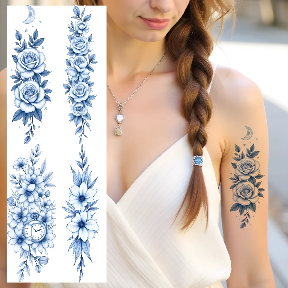 

12pcs Temporary Tattoo Flower Stickers Temporary Tattoo Stickers Garden Stickers Blue Line For Back Ladies Adults