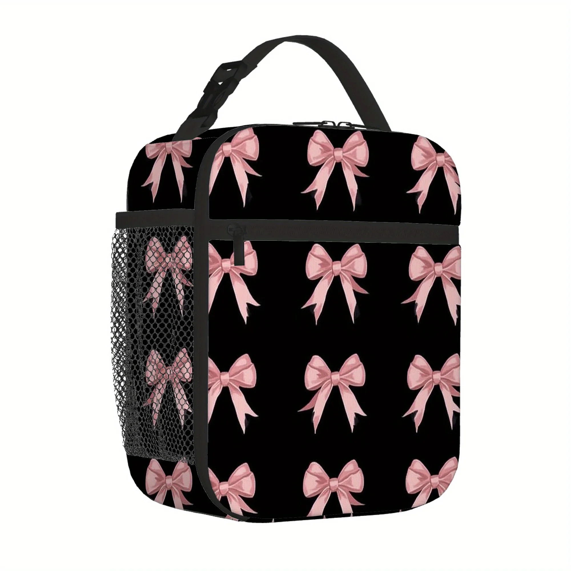 1pc,  Bows on Black Background Printed Thermal Bag, Insulated Bag, No Food Contact, Suitable for Home, Restaurant, Office, Unise