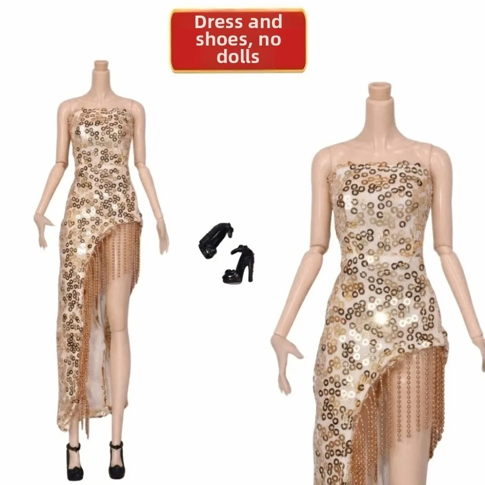 1/6 30cm BJD Doll Dress Set Sequined Strapless Asymmetrical Fringe Gown with High Heel Shoes for Dolls DIY Dress Up