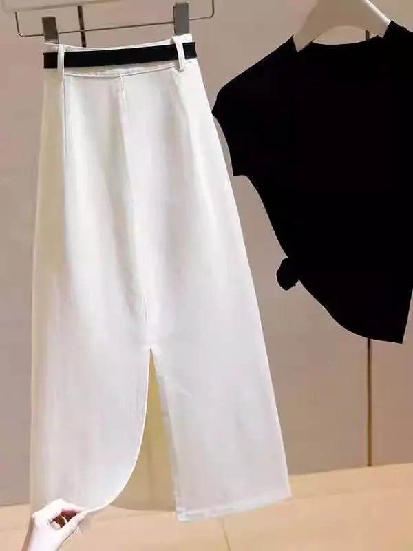 High Waist A-Line Midi Skirt Women's Denim Straight Cut Summer New Korean Loose Fit Open Split Half Body Skirts - view 3