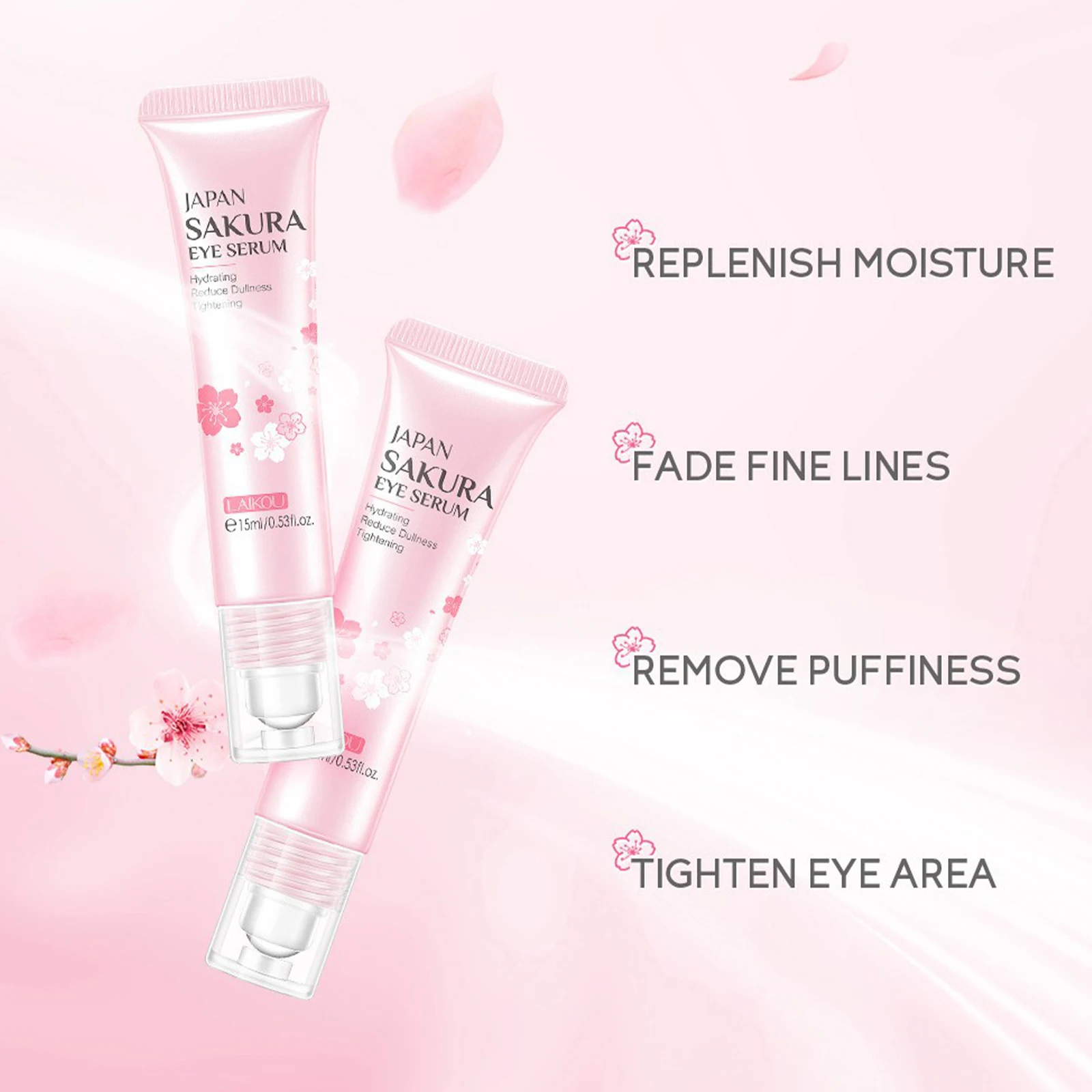 LAIKOU Sakura Eye Serum Eye Roller Massage Vitamin C Hyaluronic Acid Skin Care Eye Bags Cream Moisturizing Dark Circles 15ml