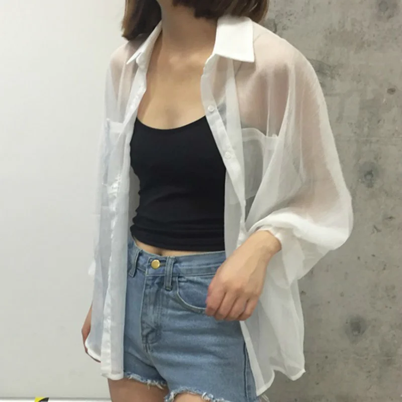 Shirts Women Summer Thin Chiffon Soft Breathable Sheer See-through Full Blouses Basic All-match Fashion Female Chic Loose New