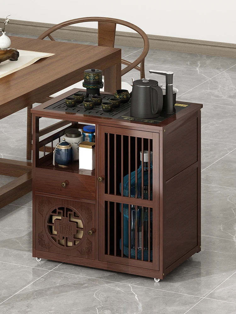 Table Solid Wood  Cart Kettle Integrated Small  Household  Cabinet Wheeled Tea Side Table Kung Fu Tray