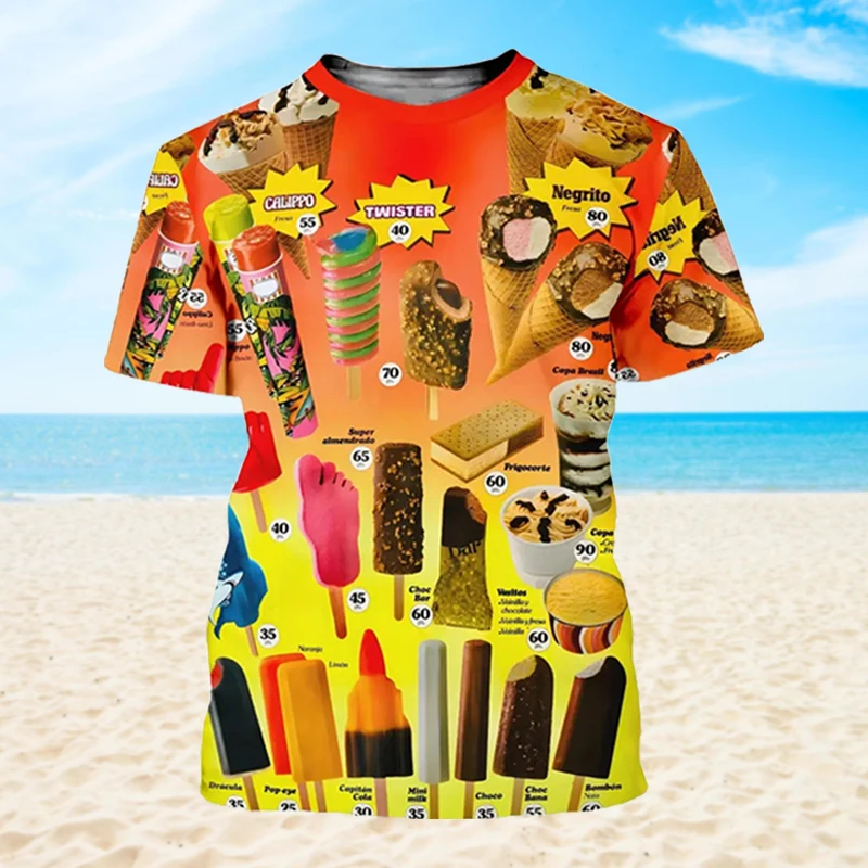 3D Printing Ice Cream Pattern Printed T-shirt Fashion Street Colorful Crew Neck Funny Tee Shirts Summer Tees Tops Cloting 2024