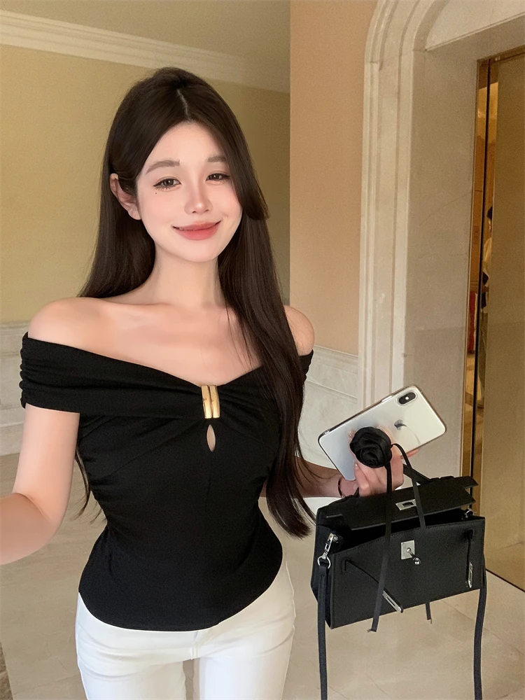 

Summer slim sexy spicy girl slash neck ruffled short-sleeved T-shirt for women