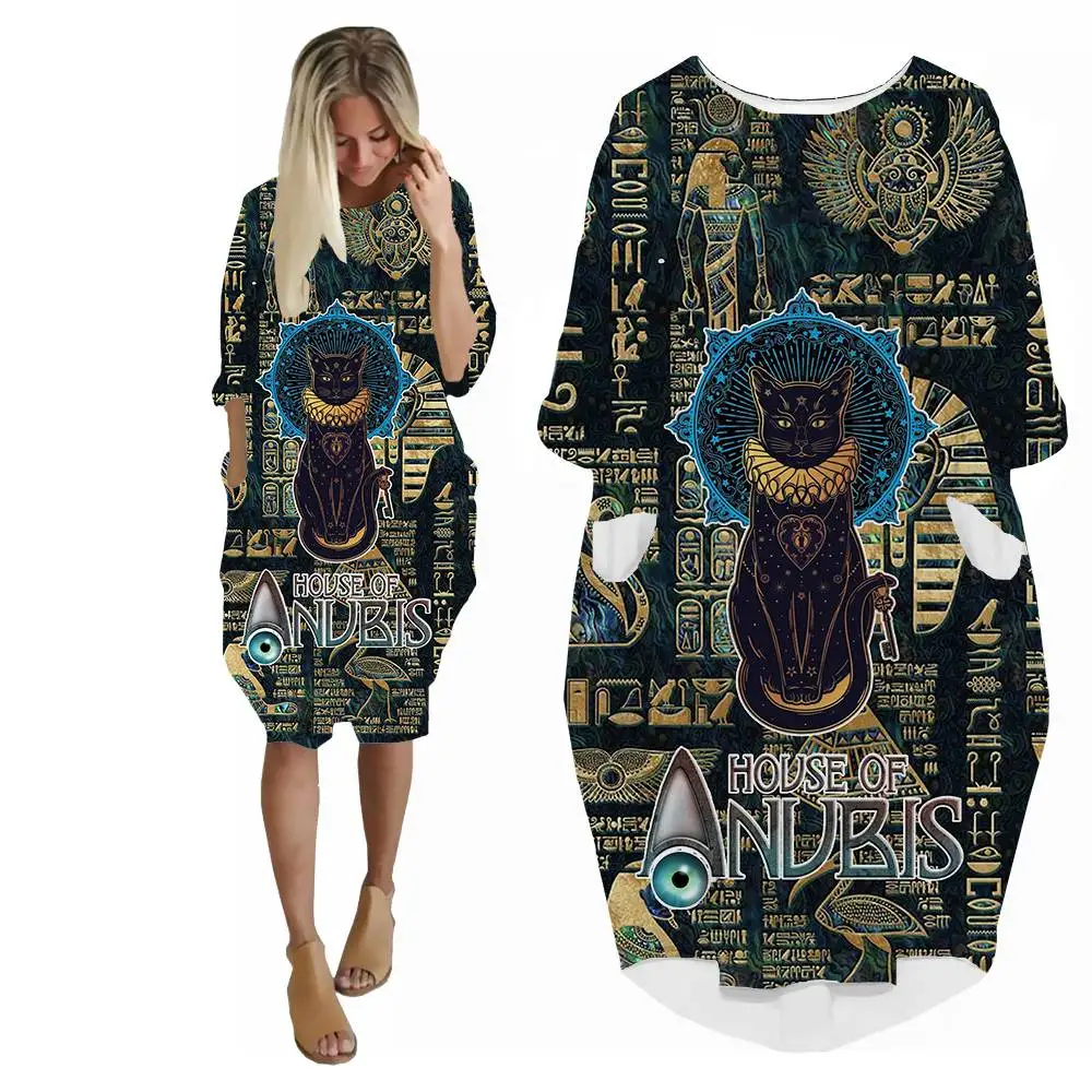 

SONSPEE House of Anubis Pattern 3D Print Dress Fashion Youth Pockets Skirt Mythology Gods Hip Hop Classic Cat Robe Lady Dresses