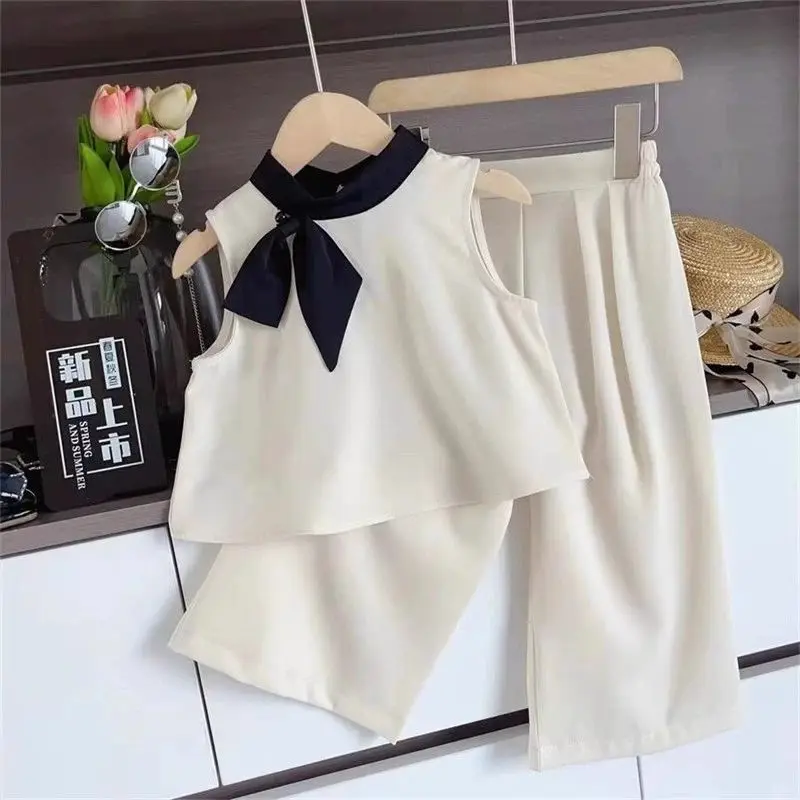 

Girls Clothes Set Summer Sleeveless Bow Vest Shirt+Wide Leg Pants Princess Kids Clothing Suits Children Casual Sets 2-8Yrs
