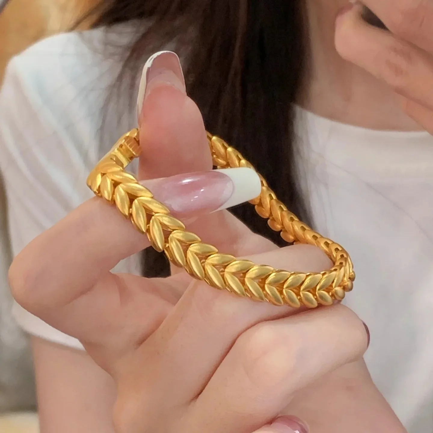 Dynar Jewelry   Creative atmospheric  wheat ears and plain ring bracelet 24K real gold simple and versatile 9999 bracelet fashio