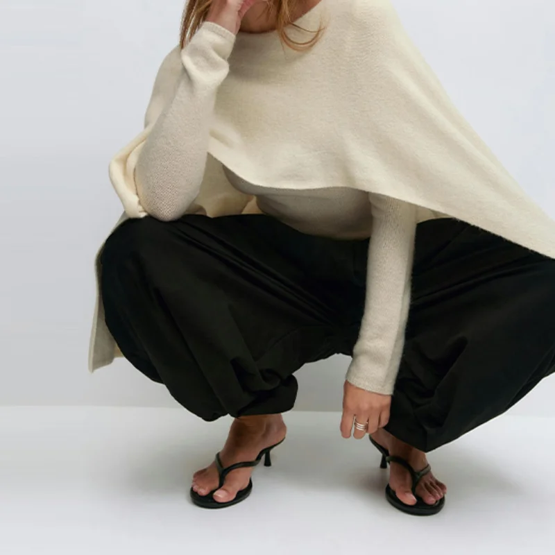 أنيقة المرأة كيب سترة الجولة الرقبة الربط الخفافيش كم بلوفر مغزول علوي الصلبة فضفاض تريكو 2025 جديد سيدة البلوزات #2