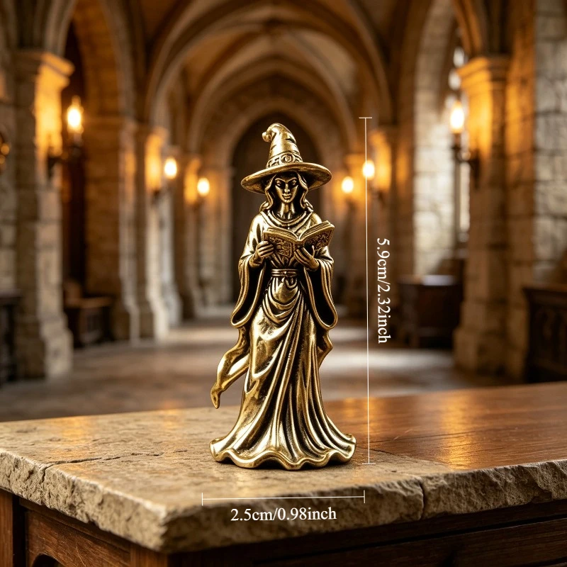 1 Piece Brass Witch Reading Book Ornament, Vintage Solid Magic Witch Decoration, Desktop Small Craft Ornament