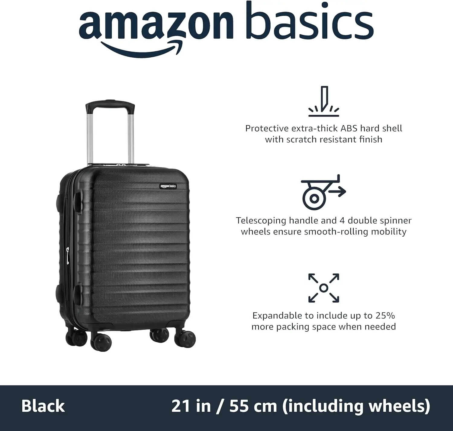 Amazon Basics Handbagage 21-Inch Hardside Bagage, Hardshell Koffer Met Wielen, Uitbreidbaar Voor Maximaal 25% Meer Ruimte, Met