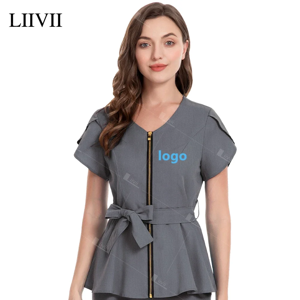 Custom Logo Beauty Lab Work Blouse Medical Scrubs Top Women Short Sleeve V-neck Top Nurse Dental Dentist Uniform Ladies T-shirts