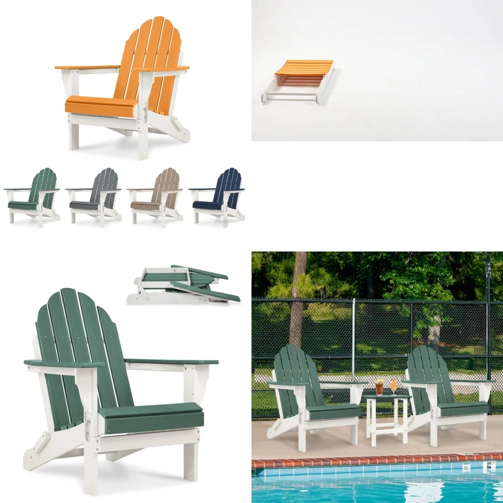 Beach ChairsFoldable HDPE Adirondack Chair for Outdoor Patio Fire Pit All Weather Use