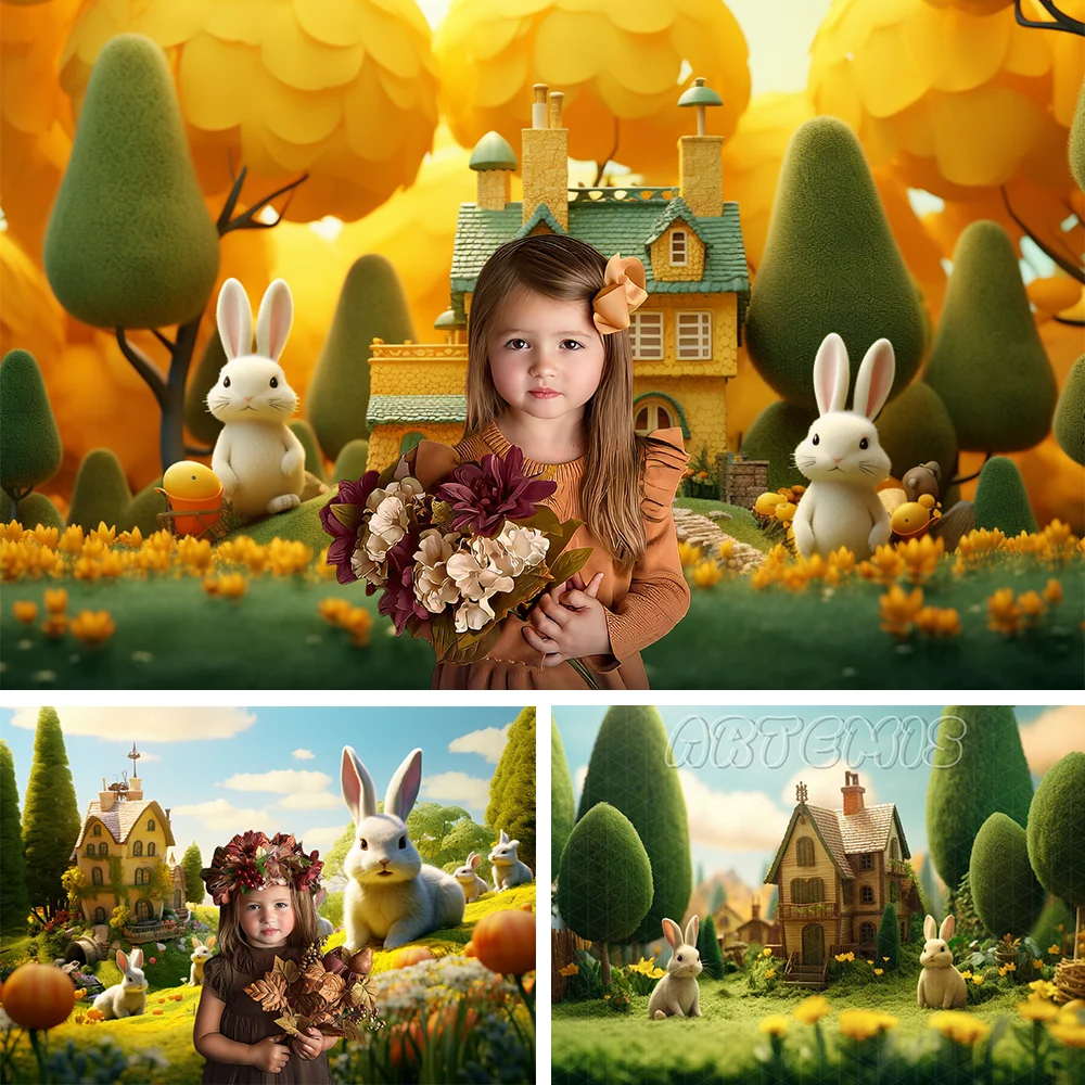 Spring Photography Backdrop Easter Bunny Miniature House Yellow Green Trees Baby Shower Kids Birthday Portrait Photo Background