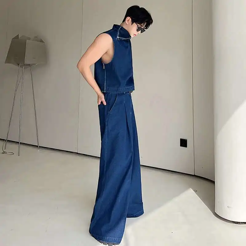 LUZHEN 2025 Spring Trendy High Street Stand Neck Sleeveless Vest Korean Loose Straight Jeans Men\'s Two-piece Sets Denim 2ca7bc