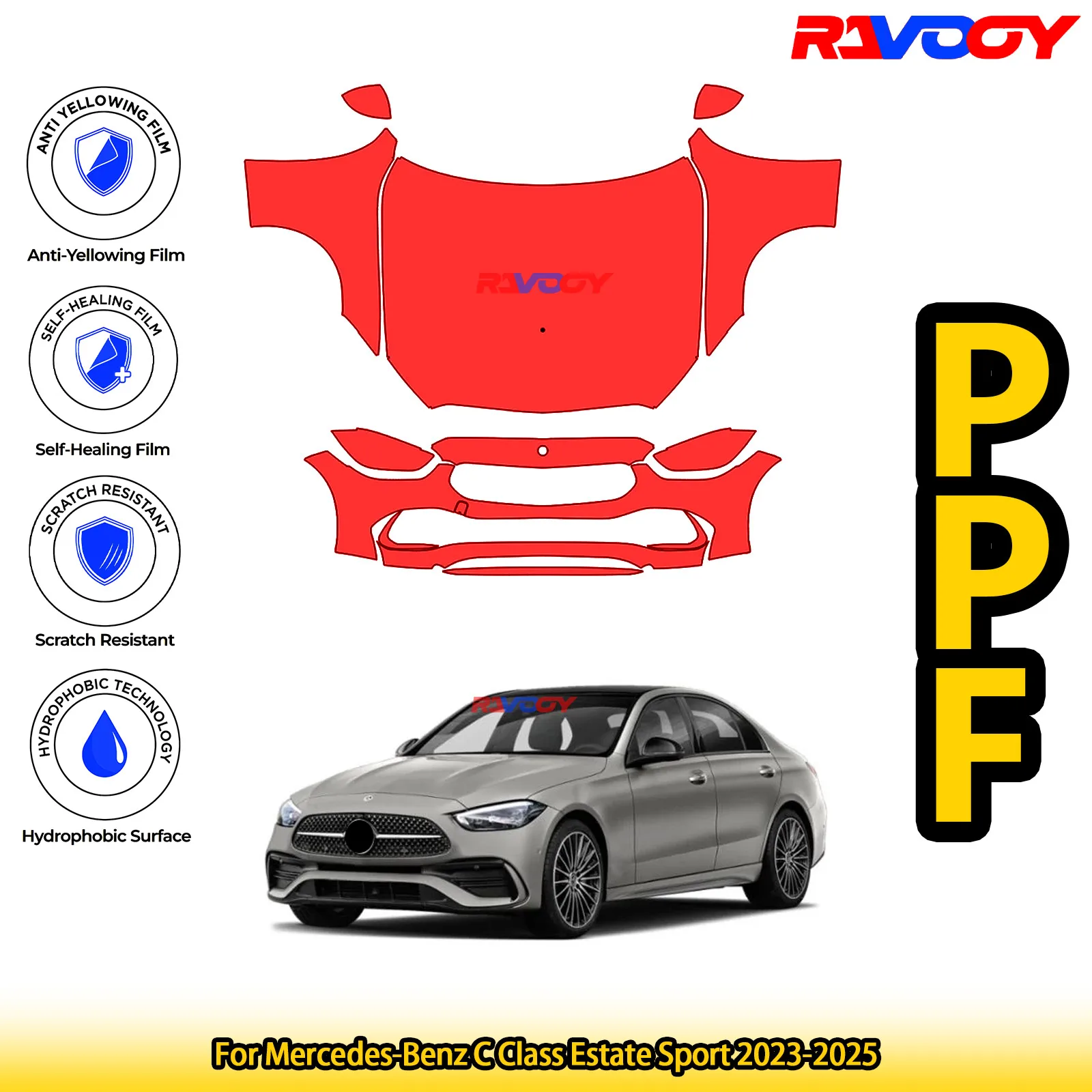 

Для Mercedes-Benz C Class Estate Sport 2023-2025 глянцевая матовая черная предварительно вырезанная передняя защитная пленка PPF комплект
