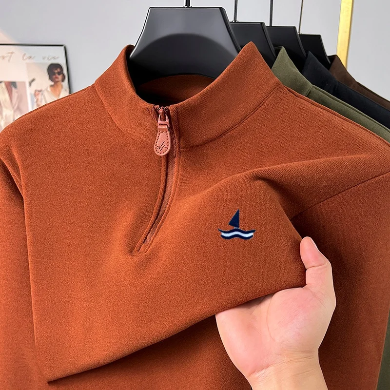 Men's Autumn New German Velvet Long Sleeve T-Shirt Half Zipper Collar Exquisite Embroidered Hoodie Casual Trendy Men's Wear Tops