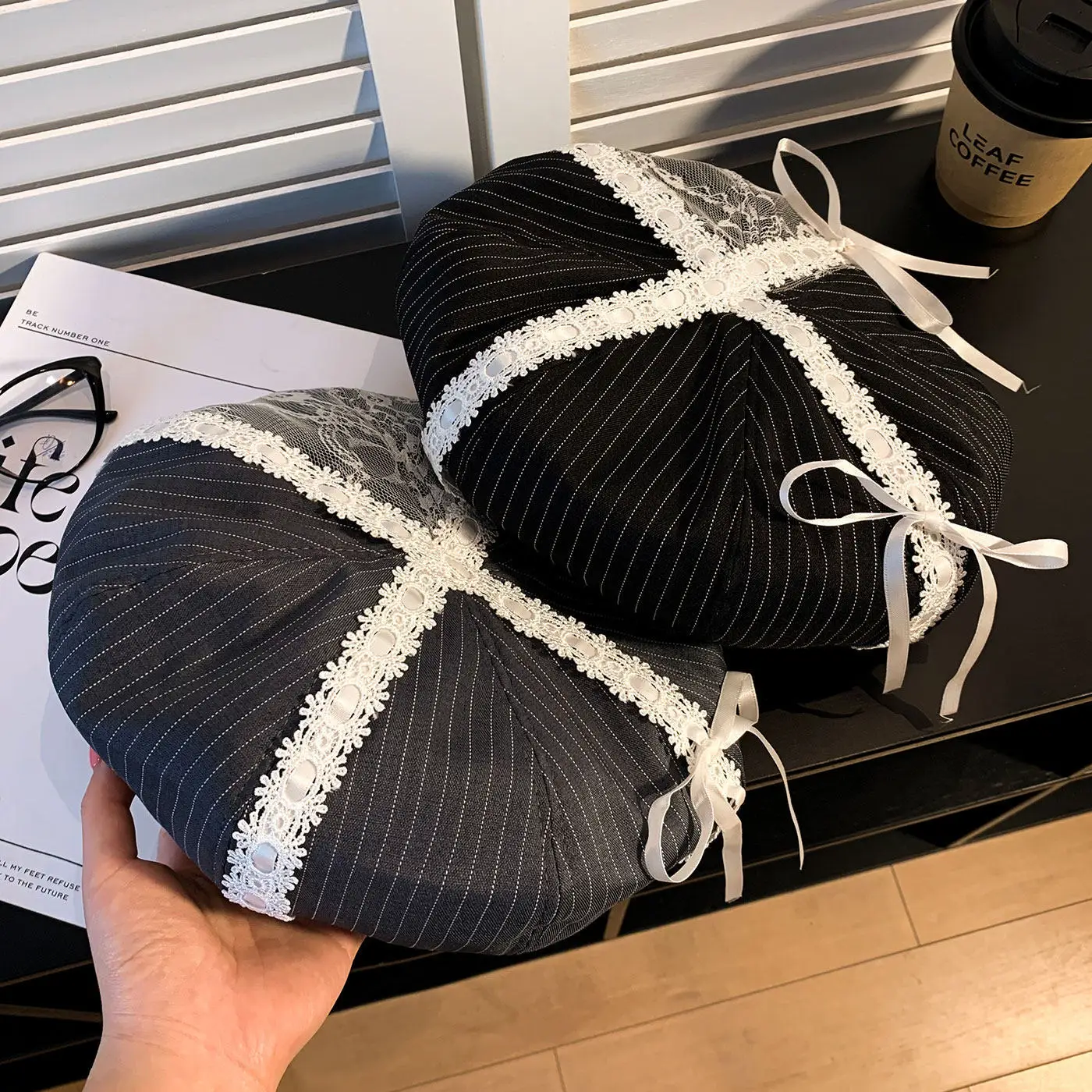 Japanese Style Lace Bow Beret Women Spring Summer Striped Splice Sweet Gentle Octagonal Cap