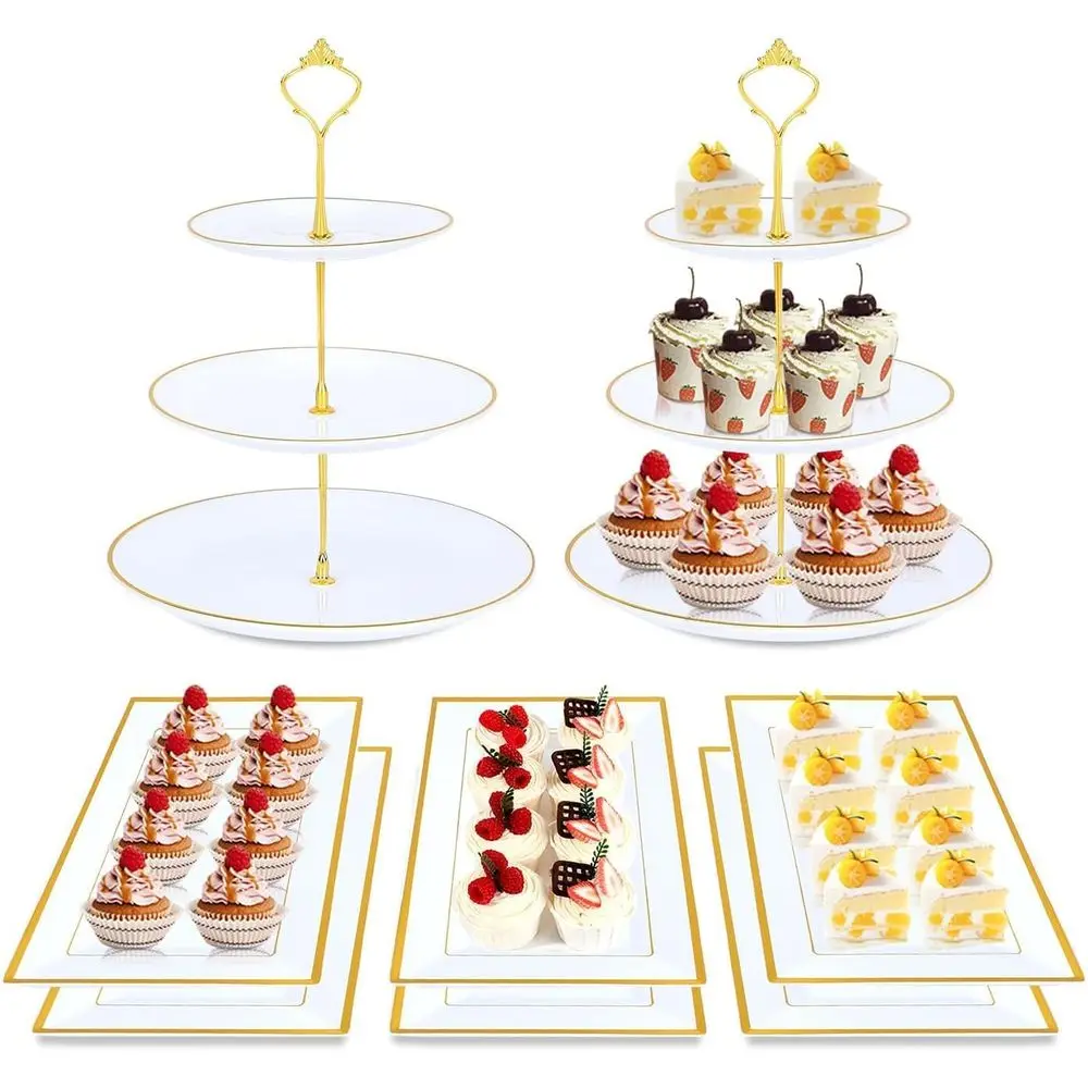

Gold-Rimmed Plastic Cupcake Stands Set, 8-Piece, Ideal for Weddings, Birthdays, and Tea Parties