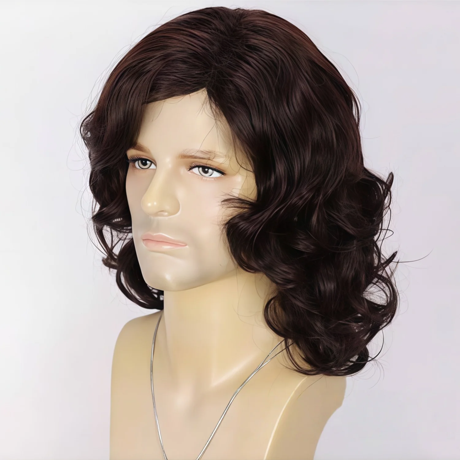 

Men's and women's medium to long wavy wig with bangs and curly hair, black short curly synthetic wig, natural wavy black brown