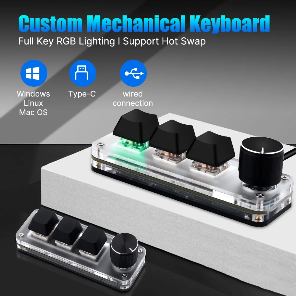 USB Macro Mechanical DIY Keyboard 3Key+1 Knob RGB Type-c To USB Custom Programming Red Switch For Gamers/Designers/Video Editor