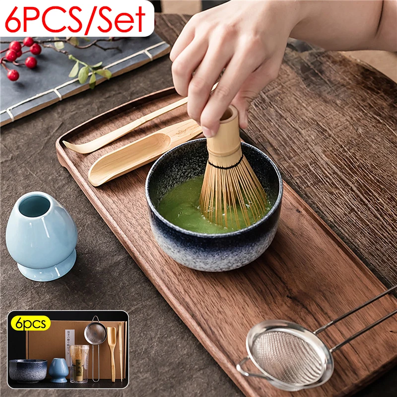 

6PCS/Set Japanese Matcha Teaset with Ceramic Bowl Safe Bamboo Whisk Brush Teaspoon Filter Whisk Holder for Beginner Matcha Tool