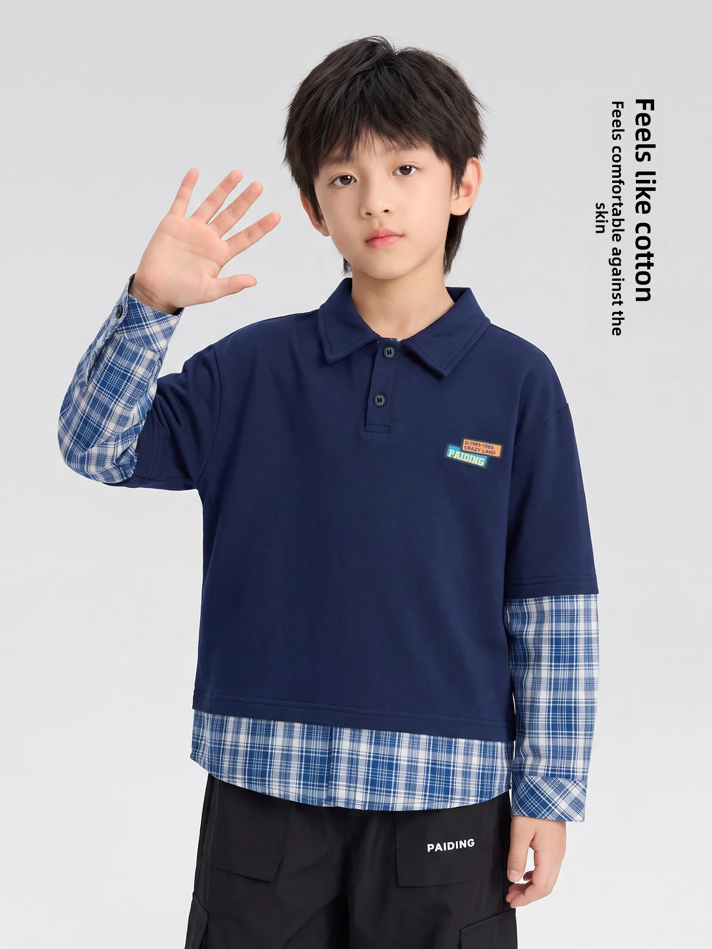 Autumn New Arrival Pure Cotton Boys' Hoodie Plaid  Style Children's Casual Wear Long Sleeve Crew Neck Sweatshirt