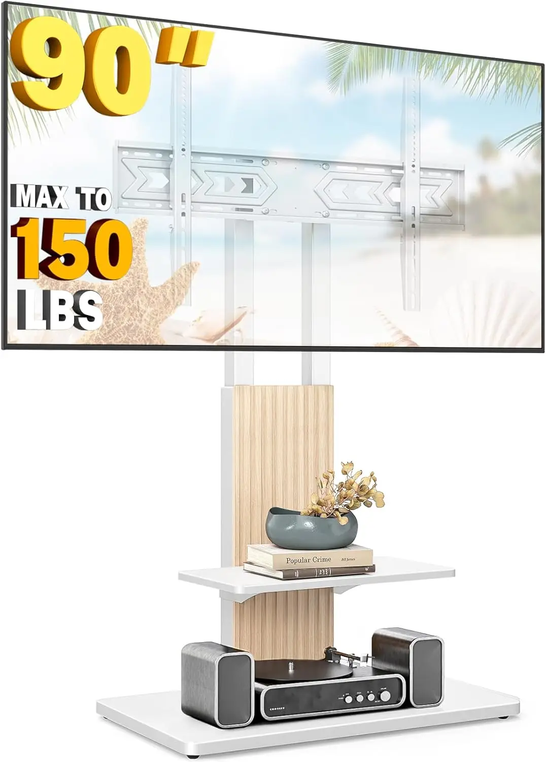 Heavy Duty Adjustable TV Stand for 55-90 Inch Screens, Large Storage Shelf, White Oak Finish