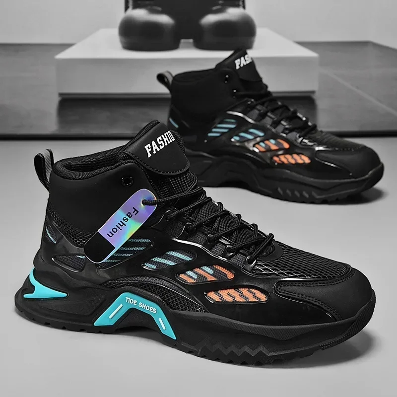 

Men's Boots Casual High Top Mesh Breathable Thick Soled Height Increasing Anti Slip Lace Up Cotton Boots Man Sports Shoe