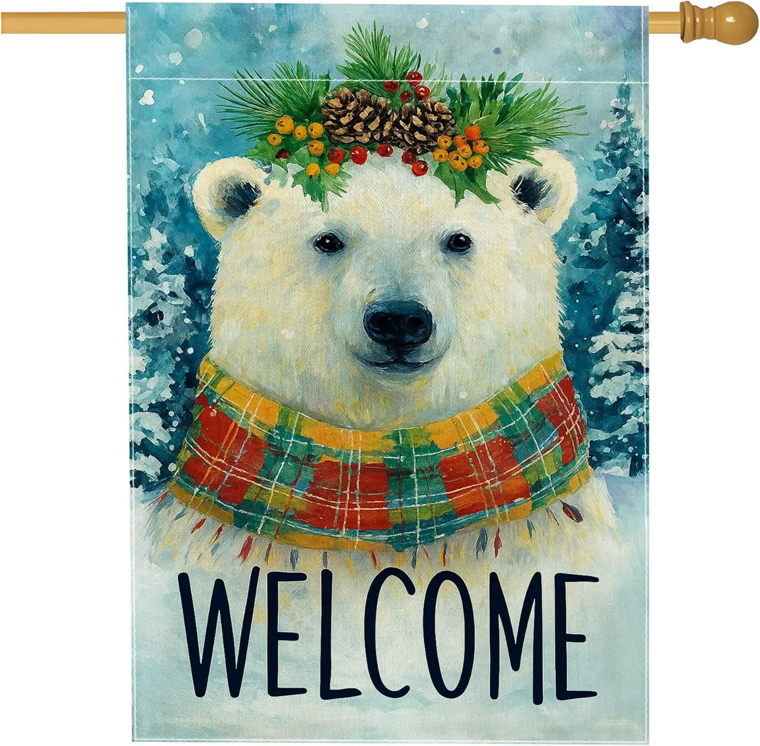 Polar Bear House Flag, Winter Festive Pinecones Berries Winter White Double Sided Burlap Outside Large Garden Flag for Outdo PPM