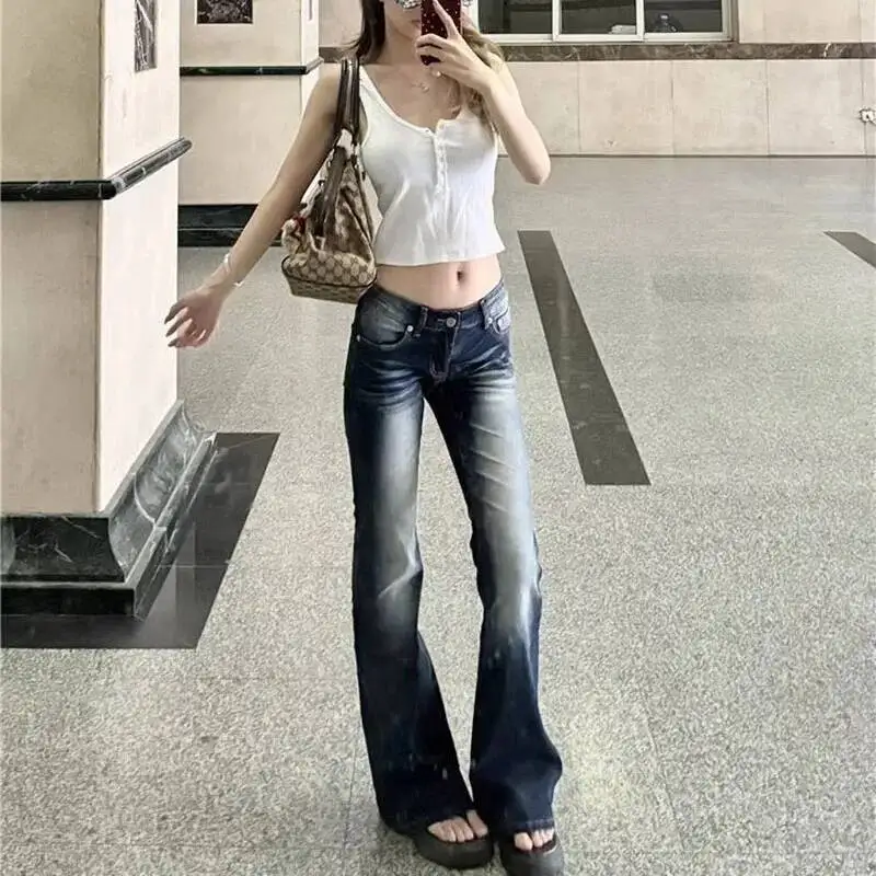 Women Fashion Washed Denim Flares Pants Korean Style Low Waist Slimming Wide Leg Jeans Female Streetwear Sexy Slim Y K Trousers