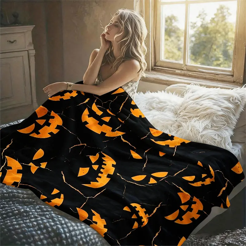Pumpkin Faces Cracks Black Flannel Blanket Perfect for Sofa Office Bed Travel Sleep Read Relax Camping Four Season Use