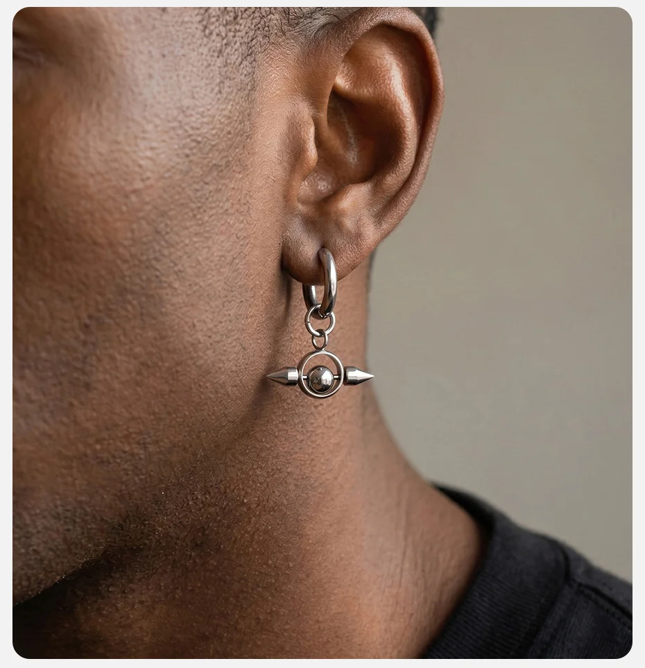 Vnox Punk Spike Rotierende Kugel Hängeohrringe, Edelstahl Gothic Hip Hop Unisex Tropfenohrringe Geschenk für Männer Frauen – Detail 3