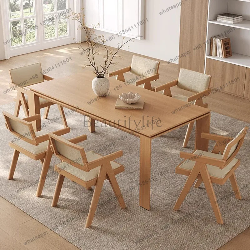 Log style dining table Small apartment household white oak leather rectangular all solid wood Japanese-style large board desk