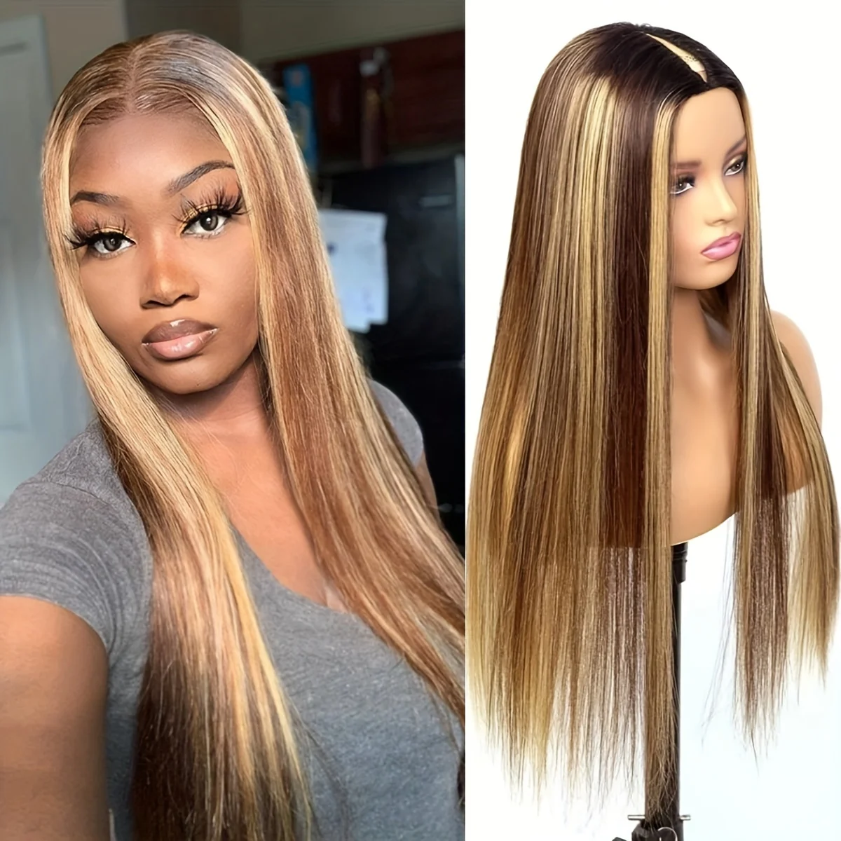 Glueless Wear Go Highlight V Part Straight Human Hair Wig Honey Blonde 4/27 Colored Wig No Leave Out No Glue Needed V Shape Mach