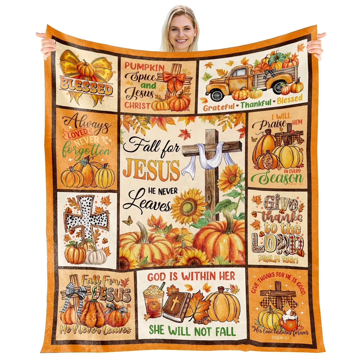 1pc Christian Fall Thanksgiving Bible Verse Blanket - Soft Flannel Throw with Jesus, Pumpkins, Sunflowers, Leaves Autumn