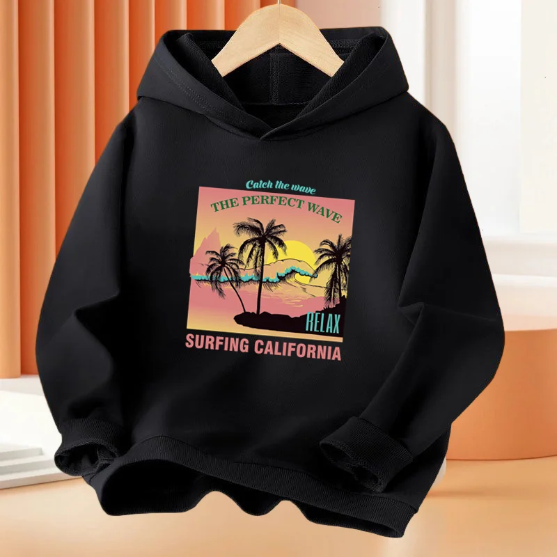 Boys 2023 New Coconut Tree Beach Hoodies Kids Hip Hop California Pullover Clothes Teens Holiday Sportswear