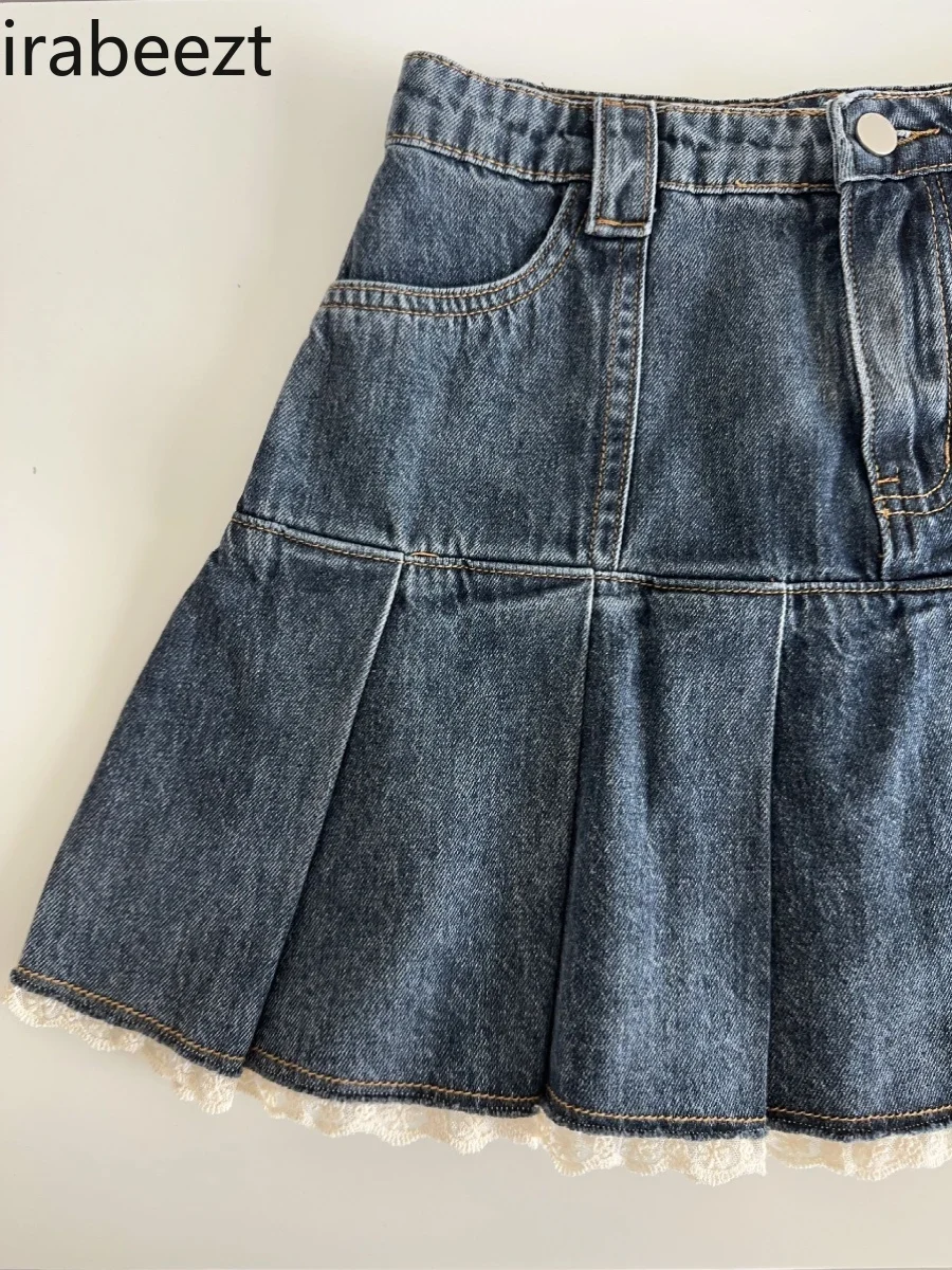 Hot Sale Lace Edge Regular Fit Half Pack Female Summer Academy Style Age-reducing High-waisted A-line Denim Skirt