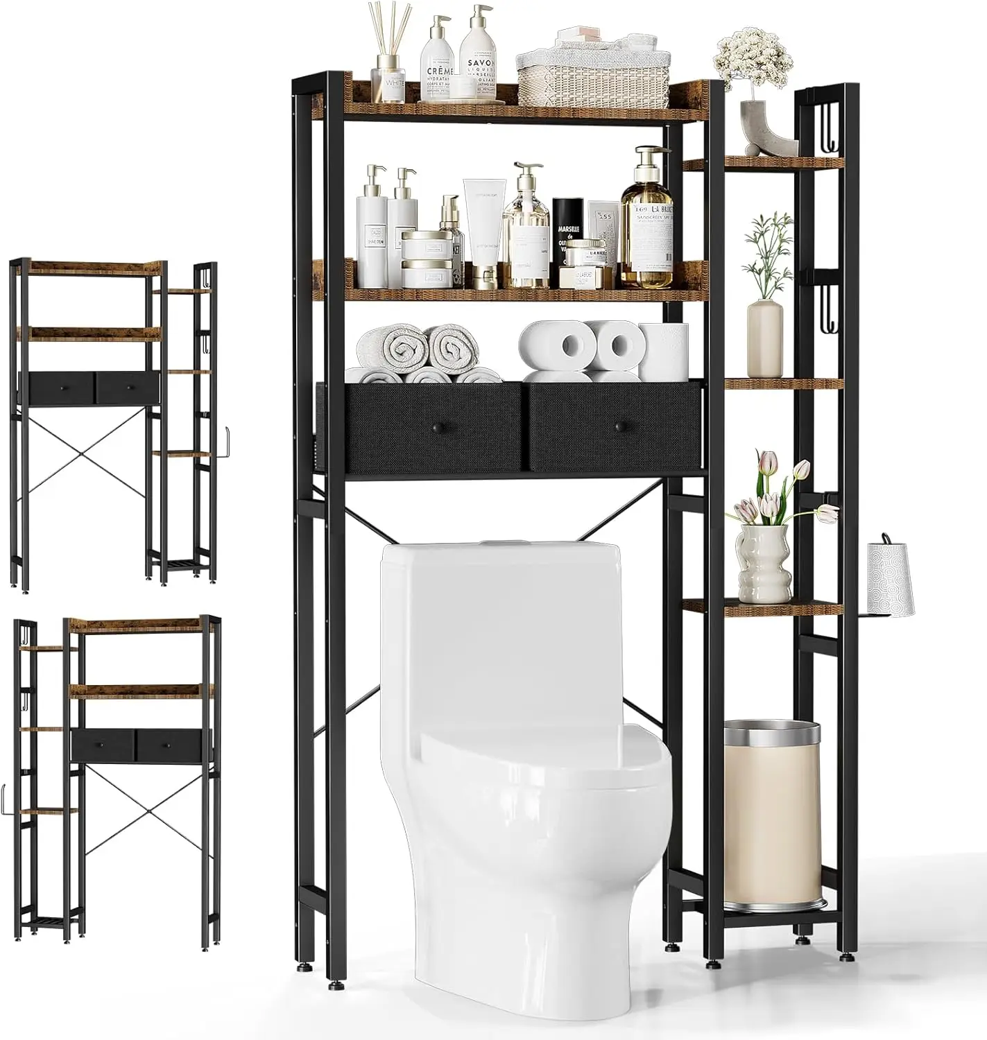 

Over Toilet Storage with 2 Drawers, 7-Tier Bathroom Organizer with Adjustable Shelves and Hooks, Space Saver Black+Bronze