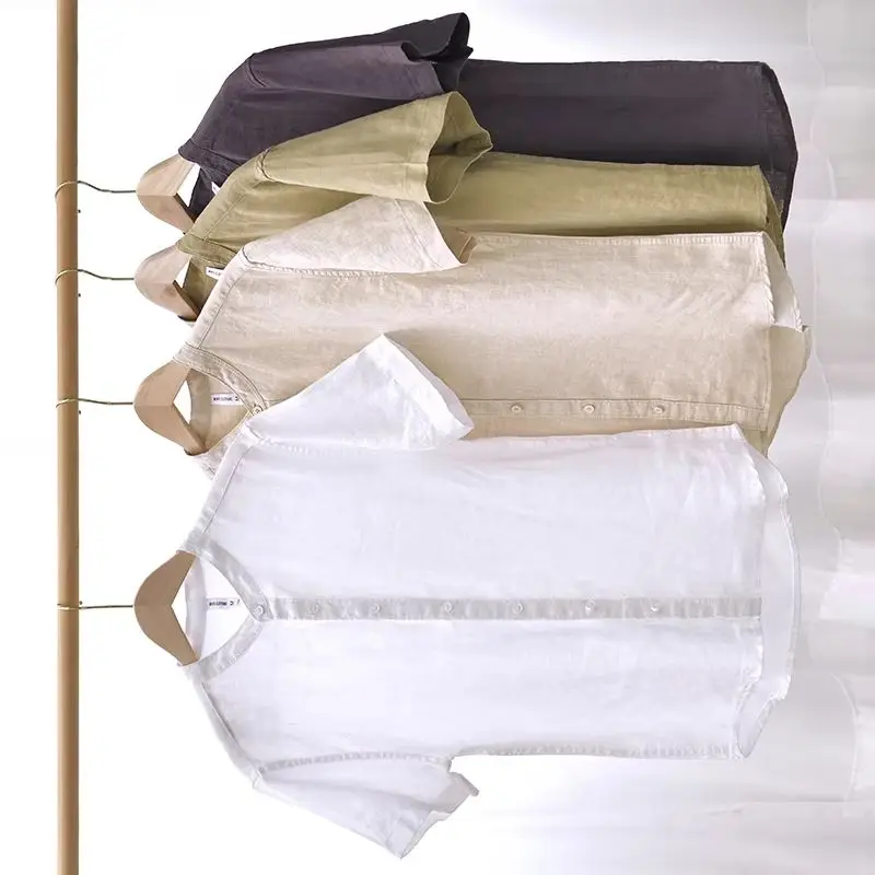 

Designer New Short Sleeve Casual Pure Linen Shirt Men Brand Trend Stand Collar 4XL Tops Clothing Chemise Homme Fast Dropshipping