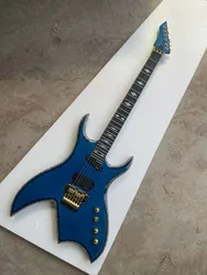 Blue Body Electric Guitar with Flame Maple Top Scalloped Fretboard,Gold Hardware,Provide customized service