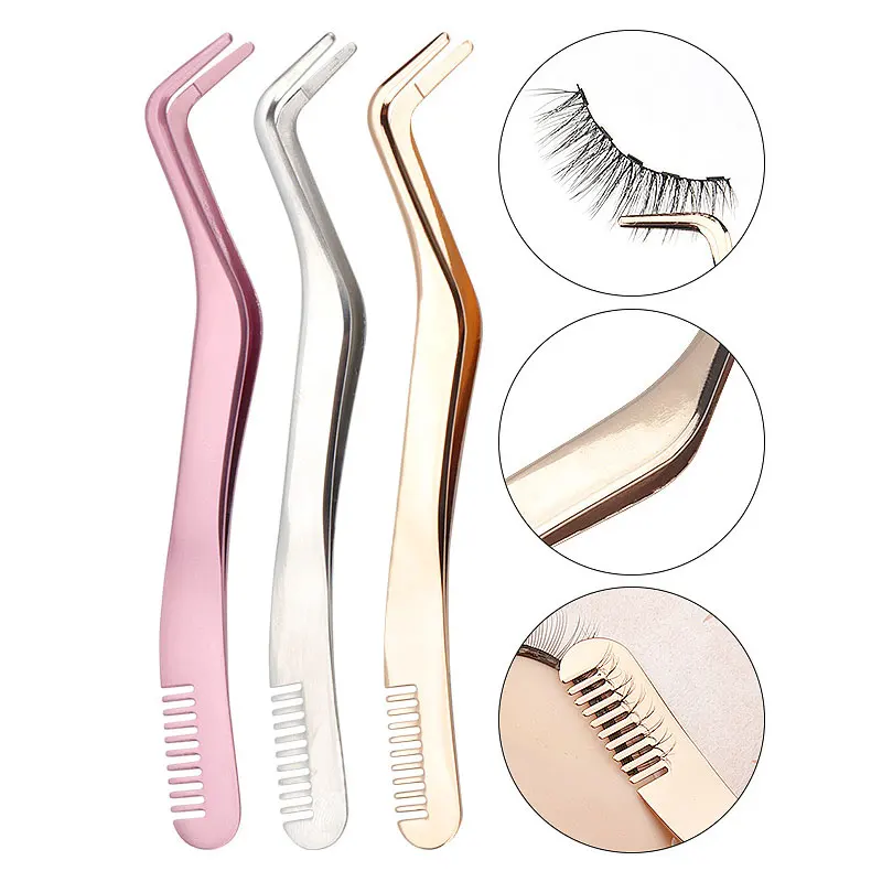 1 PC Eyelash Comb Tweezers Stainless Steel Non-magnetic Pincet Volume 3D Lashes Extension Tweezers Makeup Tools