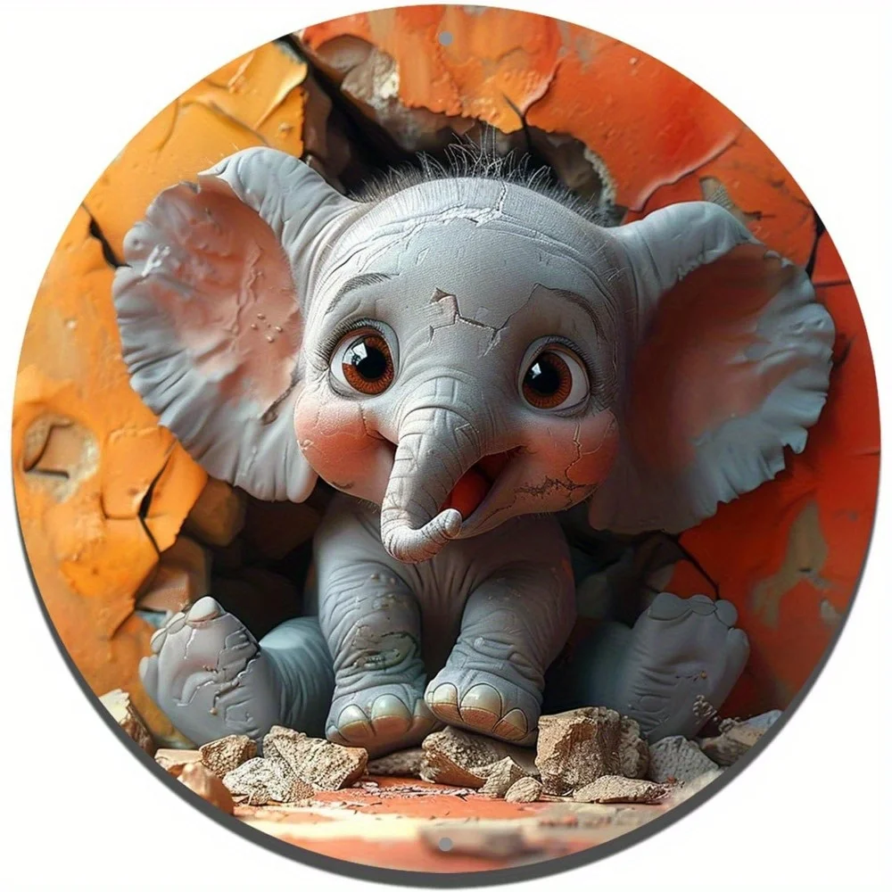 

Round Aluminum Flat Sign,Baby Elephant Themed, Relief Painting, Art Decoration, Office Room, Home Door Decorations
