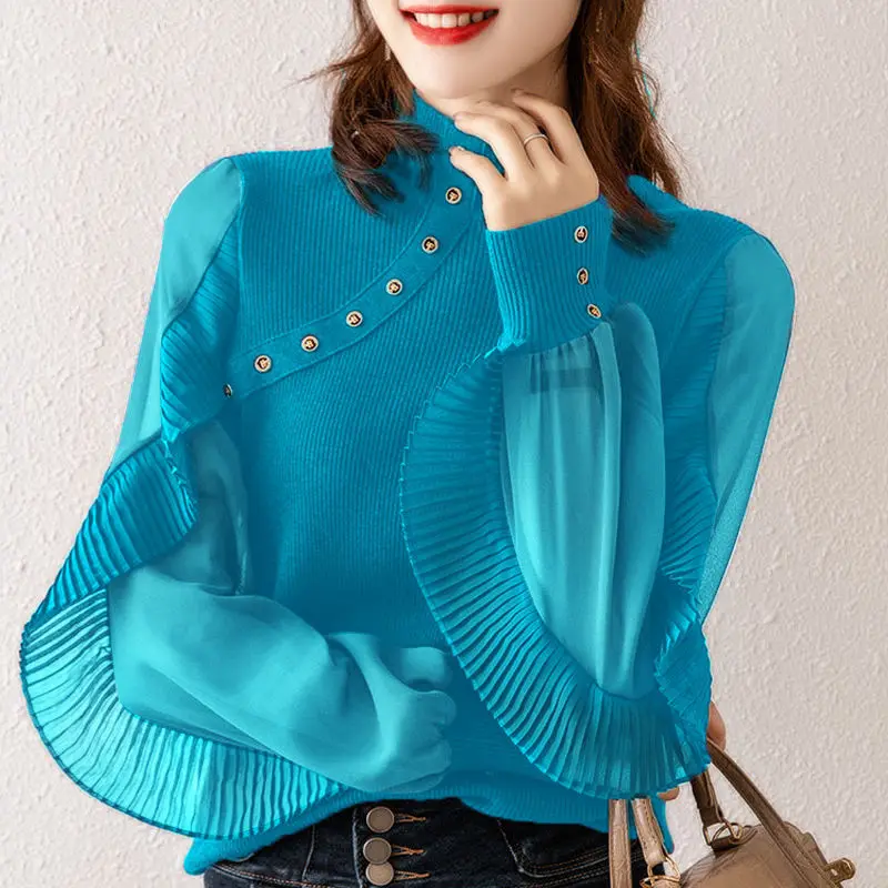 Fashion Ruffles Spliced Knit Blouse Women\'s Clothing 2022 Spring New Streetwear Casual Button Long Lantern Sleeve Shirt Female