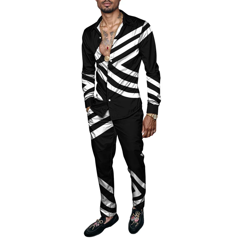 طقم قميص رجالي لربيع وصيف 2025 طباعة ذئب أنيقة تتميز بتصميم السماء المرصعة بالنجوم مكون من قطعتين طقم كون رجالي خفيف الوزن